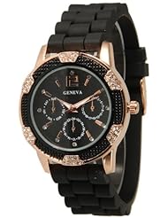 Womens Black Rose Gold Geneva Faux Chronograph Silicone Watch with Crystal Rhinestones Bezel