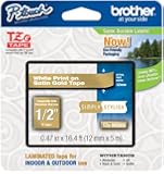 Brother Laminated Tape, 12mm (0.47 Inch), White on Satin Gold (TZeMQ835) - Retail Packaging