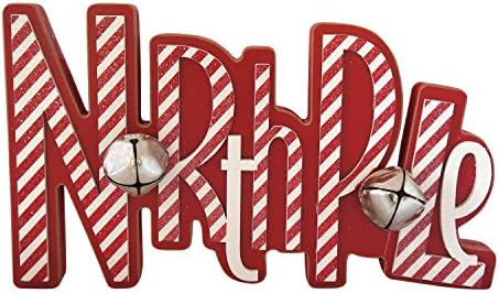 Whimsical Striped Christmas Cutout Sign with Jingle Bells Tabletop Decoration (North Pole)