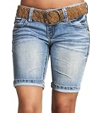 Wallflower Relaxed Belted Bermuda Denim Shorts with Blanket Stitch Embroidery