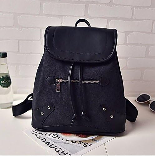 Tumblr Women Canvas Backpack Leather Trim Book Messenger Bag Shoulder Bag Schoolbag Satchel Backpack (black)