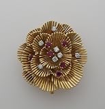 Estate Tiffany 18k Yellow Gold French Ruby And Diamond Retro Pin