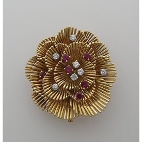 Estate Tiffany 18k Yellow Gold French Ruby And Diamond Retro Pin by Tiffany