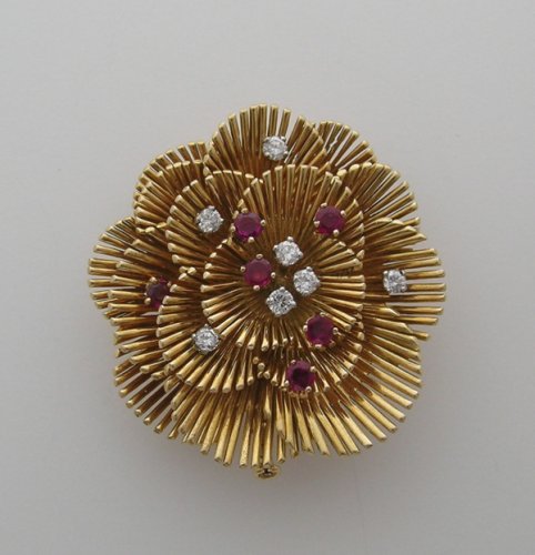 Estate Tiffany 18k Yellow Gold French Ruby And Diamond Retro Pin