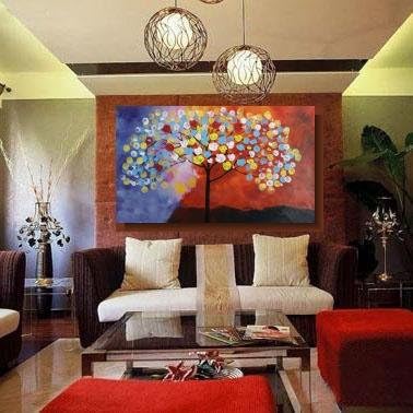 Blossoming Flower Tree in Colorful Sky at Dawn Spring Original Abstract Landscape Painting Palette Knife Thick Brush Stroke 24x40 Large Acrylic Modern Abstract Art Home Decor by Cheney