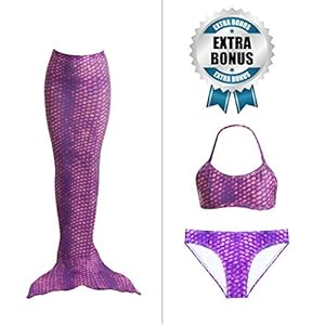 Tendol™ 3 Pc Swimming Mermaid Tail, Monofin Compatible, For Children, High Quality (Purple, Medium)