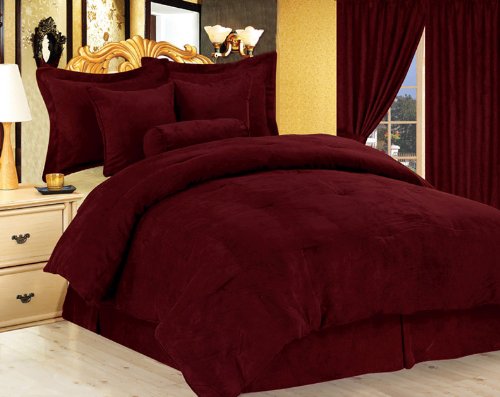 7 Pieces Solid Burgundy Red Micro Suede Duvet Cover Set Queen Size