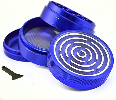 CHRITMAS SALE PRICE!! Unique Grinder with MAZE GAME Blue Best Quality 4 Piece 2.5" Herb Weed Marijuana Tobacco Grinder with Maze Game on Upper Side + Pollen Scraper inside and Velvet bag