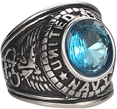 Men's Stainless Steel Military US Navy Ring Blue Stone USN Military Rings