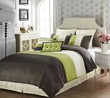 Chezmoi Collection 8 Pieces Beige, Green and Brown Luxury Stripe Duvet Cover Set Queen Size Bedding