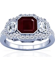 14K White Gold Emerald Cut Ruby Ring With Sidestones