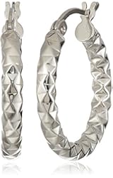 Sterling Silver Round Hoop Earrings Diamond Cut Rhodium plated (0.8" Diameter)