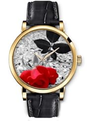 SPRAWL Aanalog Fashion Series Gold Ladies Watches of Genuine Black Leather Strap,Unique Wrist Watch for Women Girls Designed with red rose