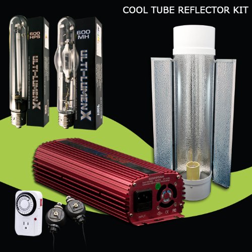 600w Watt Digital Dimmable Ballast Hydroponic Grow Light System with Cool Tube Hood Reflector and Metal Halide(MH) and High Pressure Sodium(HPS) Light Bulbs, Cord + Rope Ratchet Hanger