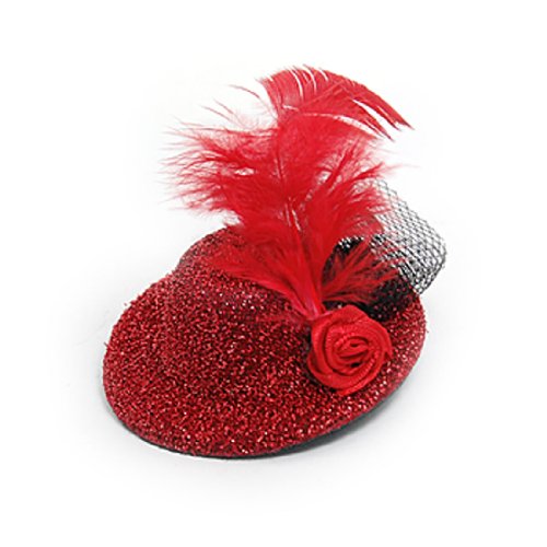 Flower Accent Red Glittery Flannel Mini Top Hat w Alligator Hairclip