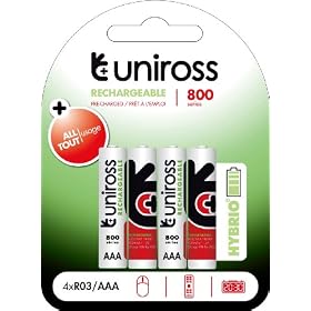 Uniross Hybrio Pre-charged 4 X AAA 800 Series Rechargeable Batteries
