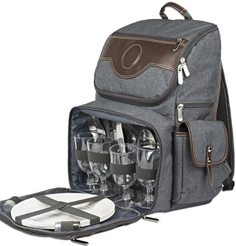 Premium Deluxe Leather 4 Person Picnic Backpack With Cooler Compartment, Bottle/Wine Holder, Fleece Blanket, Plates and Cutlery Set