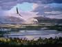 Autumn Splendor, Balke eagle flying over Lake James with view of Shortoff and Table Rock Mountains, NC, giclee art print by Don Balke