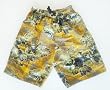 Mens Swim Trunks with Elastic Waist, 2 Side Inseam Pockets, 2 Side Cargo Pockets. Faux Fly Front, Mesh lined. Gold/Leaf Print Size s S-XL