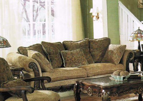 Sofa Couch with Wooden Frame Brown Floral Chenille Fabric