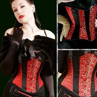 Timeless FS-05 Red Silk with Gold Floral Brocade and Solid Black Satin Trim Underbust Corset img