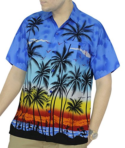 Aloha Collar Fine Short Sleeve Beach WEAR HAWAIIAN Casual Button Down Shirt Blue