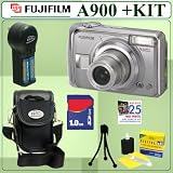 Fujifilm Finepix A900 9.0 MP Digital Camera with 1GB Accessory Kit. Includes 1 Gigabyte SD Secure Digital Memory Card, 4 High Capacity AA Nimh Rechargeable Batteries, Compact AA Nimh Battery Charger, Flexible Mini Tripod, Well Padded Camera Carrying Case with Pockets & Strap, Lens Care Cleaning Kit, and a BONUS of 25 Free Quality Prints.