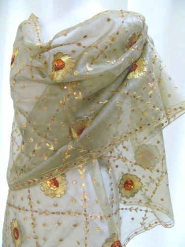 Floral Sequin Embroidery Silk Organza Stole Wrap Table Runner Antique Gold
