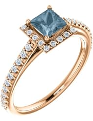 18K Rose Gold Princess Cut Blue and White Diamond Halo-Style Ring -- LIFETIME WARRANTY