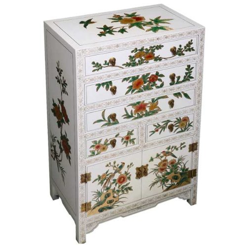 EXP Handmade Furniture 37-Inch White Chinese Lacquer Wood Dresser/ Cabinet, Seasonal Flowers Design