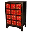 Handmade Asian Furniture - 39" Red & Black Chinese Medicine Cabinet With Painted Flowers - 12-Drawer