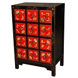 EXP Handmade Furniture - 39" Red & Black Chinese Medicine Cabinet With Painted Flowers - 12-Drawer
