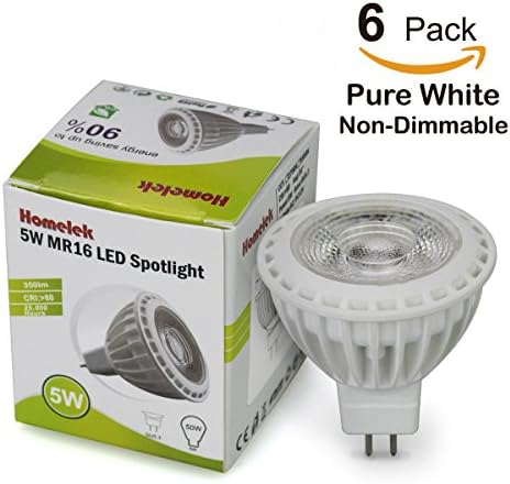 (6 Pack) Homelek 5W LED Recessed Light Bulbs, Equivalent to 50W, MR16 Shape, Bi-Pin Base GU 5.3, Aluminum Reflector, 350 Lumens, 38° Beam Angle, Daylight 5500K