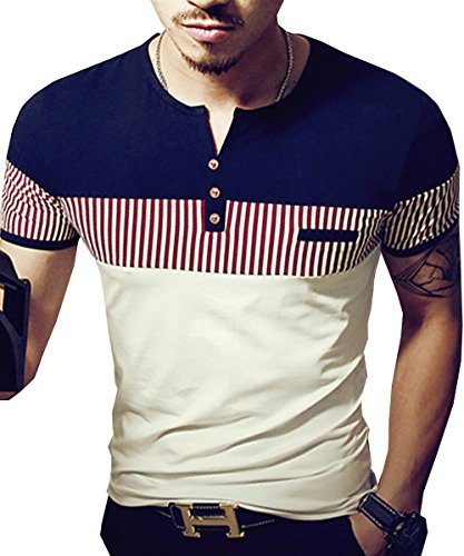Aishang Men's Plus Size Fahion Spell Color Striped Short-Sleeved T-Shirt