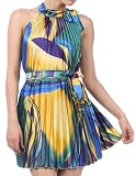 Satin Pleated Sleeveless Two Tone Short / Mini Dress with Multi Color Swirl Design ( 3 Colors ) - Clearance Sale !