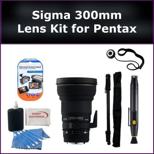 Sigma Telephoto 300mm f/2.8 EX DG Autofocus Lens for Pentax K200d, K20d, K10D, K100D Digital SLR Cameras. Package Includes: Sigma 300mm Lens, Lens Cap Keeper, Lens Cleaning Pen, Monopod, LCD Screen Protectors, and Cleaning Kit with SSE Microfiber Cleaning Cloth