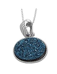 Rhodium Plated Sterling Silver Oval Marine Blue Drusy Pendant with Chain (18 inch)