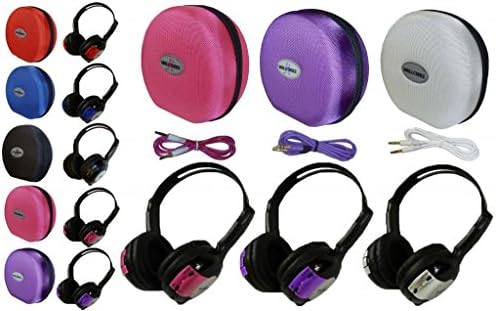 3 Pack Kid Sized Wireless Infrared Universal Car DVD IR Automotive Colored Adjustable 2 Channel Headphones With Case and 3.5mm Auxiliary Cord