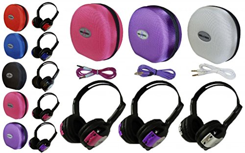 3 Pack Kid Sized Wireless Infrared Universal Car DVD IR Automotive Colored Adjustable 2 Channel Headphones With Case and 3.5mm Auxiliary Cord