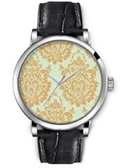 SPRAWL Aanalog Fashion Series Silver Ladies Watches of Genuine Black Leather Strap,Unique Wrist Watch for Women Girls Designed with Old yellow flower on light blue background