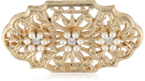 Downton Abbey “Gilded Age Carded” Gold-Tone Edwardian Filigree Crystal Accent Clusters Oval Bar Pin image