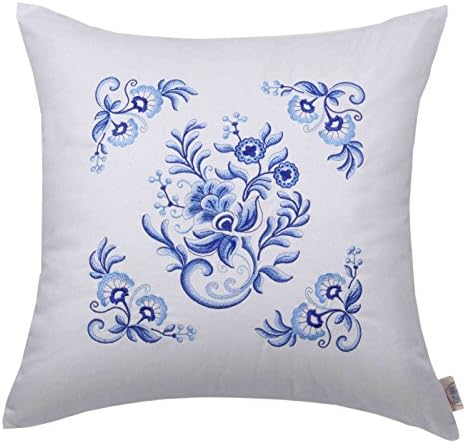 Embroidery Decorative Throw Pillow Cushion Cover Sham Case 18" (1 Side, Royal Delft Blue, #4)
