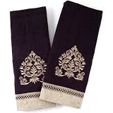 Plum Cotton Hand Towel With Embroidered Villa Scroll, Set Of 2