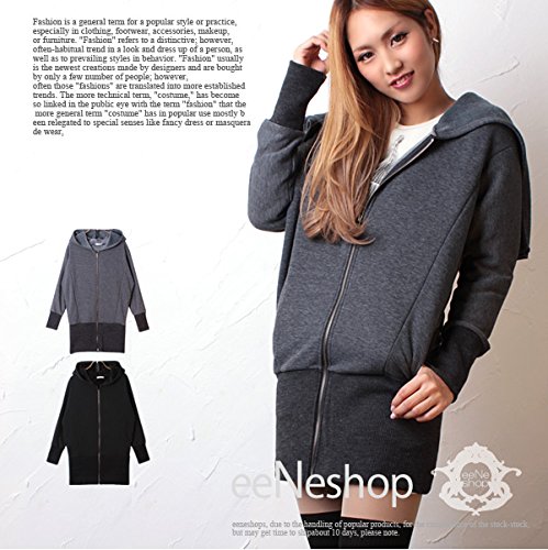 (イイネショップ) eeNeshop 裏起毛　フードZIP　あったか　無地　ロング丈　パーカー　レディース　ドルマン