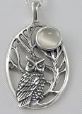 Sterling Silver Sacred Owl Pendant Accented with Genuine White Moonstone