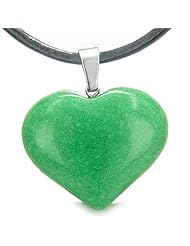 Amulet Large Puffy Heart Lucky Charm in Green Jade Gemstone Good Luck Powers Pendant on Leather Cord Necklace