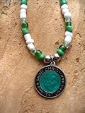 SAINT CHRISTOPHER HAWAIIAN SURF MEDAL CHOKER- GREEN & WHITE BEADS