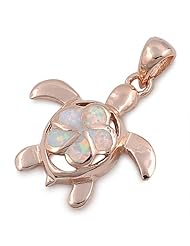 Sterling Silver Rose Gold Plated Lab Opal Hawaiian Plumeria Flower and Sea Turtle Pendant and Necklace