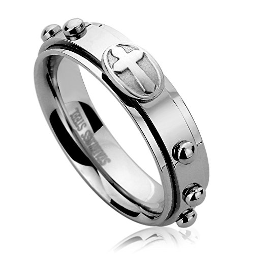 6MM Stainless Steel Wedding Band Ring Casting Cross Rosary Spinner Praying Ring (5 to 14) For Unisex Men & Women