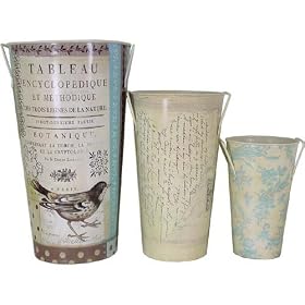 Old Fashioned French Bird Floral Design Tin Buckets with Hang Tags by Creative Co-op